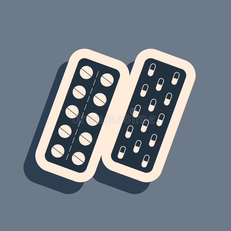 Черные таблетки или капсулы в значке пакета волдыря изолированном серую ...