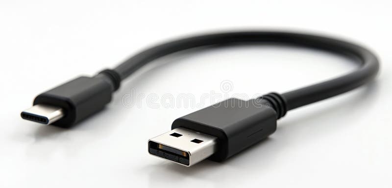Черный кабель Micro USB to TypeC изолирован на белом фоне. Техническое устройство для передачи данных. Современный стоковая фотография