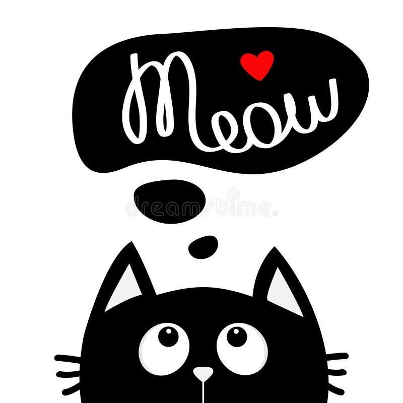 Черный кот смотря, что вверх meow текст литерности Думайте пузырь речи беседы Красное сердце Милый персонаж из мультфильма Животн бесплатная иллюстрация