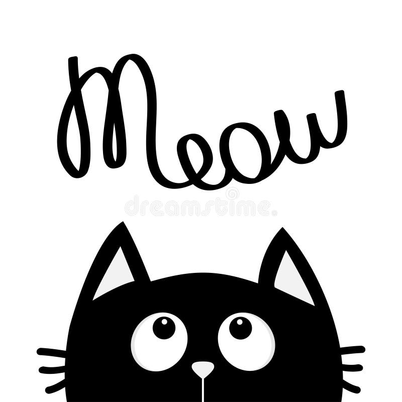 Черный кот смотря, что вверх meow текст литерности Милый персонаж из мультфильма Животное Kawaii иллюстрация вектора