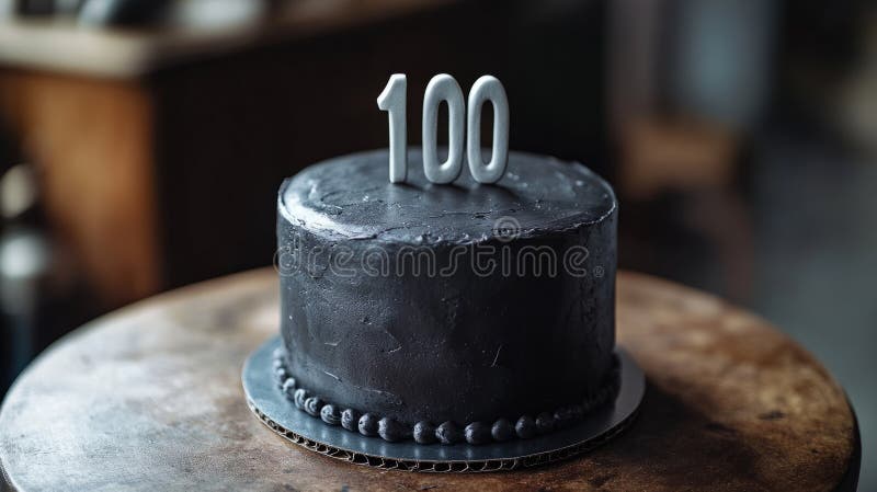 Черный торт со 100 топером на деревенском деревянном столе стоковые фотографии rf