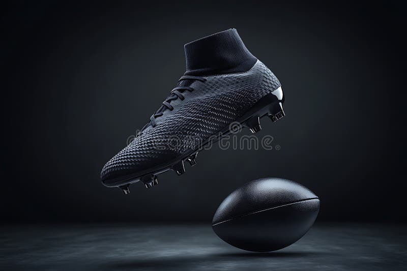 Черный футбол Cleats и регби мяч темный спортивный оборудование иллюстрация вектора