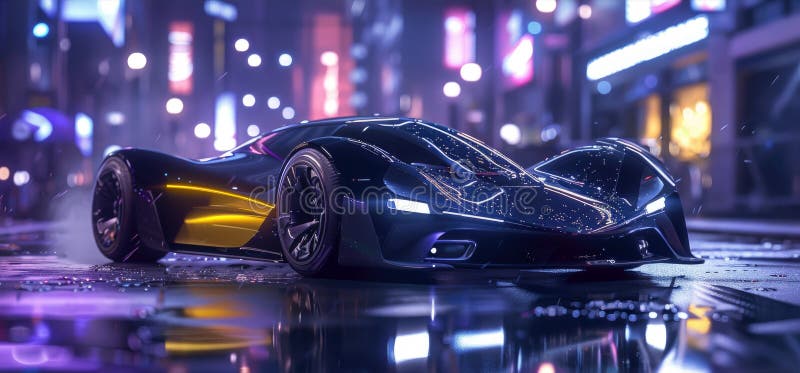 черный футуристический автомобиль в cyberpunk neon city ночью роскошный спортивный автомобиль движется в дождь на темной улице. ко бесплатная иллюстрация