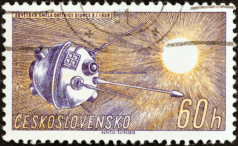 CZECHOSLOVAKIA - CIRCA 1961: A stamp printed in Czechoslovakia from the `Space Research 1st series` issue shows Luna 1, circa 1961. CZECHOSLOVAKIA - CIRCA 1961: A stamp printed in Czechoslovakia from the `Space Research 1st series` issue shows Luna 1, circa 1961.
