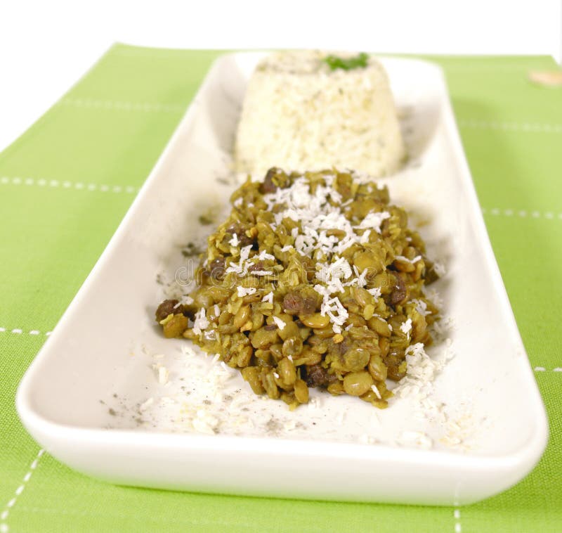 Vegetarian vegan lentil dish with white rice. Vegetarian vegan lentil dish with white rice