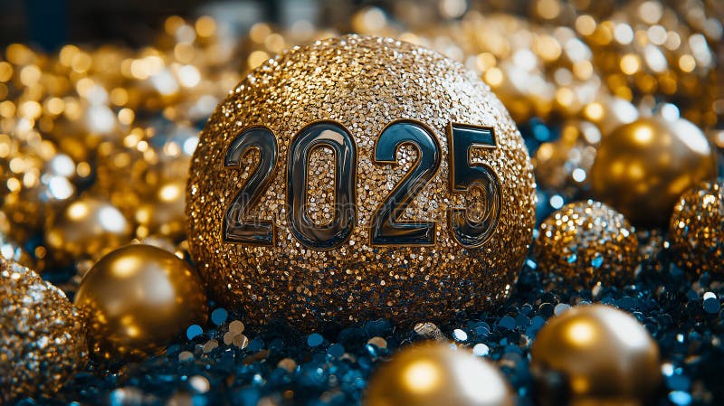 число 2025 на шарике с золотистым блеском. счастливый новый год! иллюстрация вектора