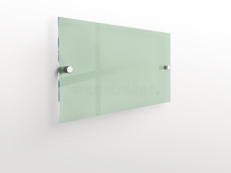 Gren rectangle transparent glass nameplate plate on spacer metal holders. Clear printing board for branding. Acrilic reseda advertising signboard on white background mock-up side view. proportional 1 to 2. Gren rectangle transparent glass nameplate plate on spacer metal holders. Clear printing board for branding. Acrilic reseda advertising signboard on white background mock-up side view. proportional 1 to 2