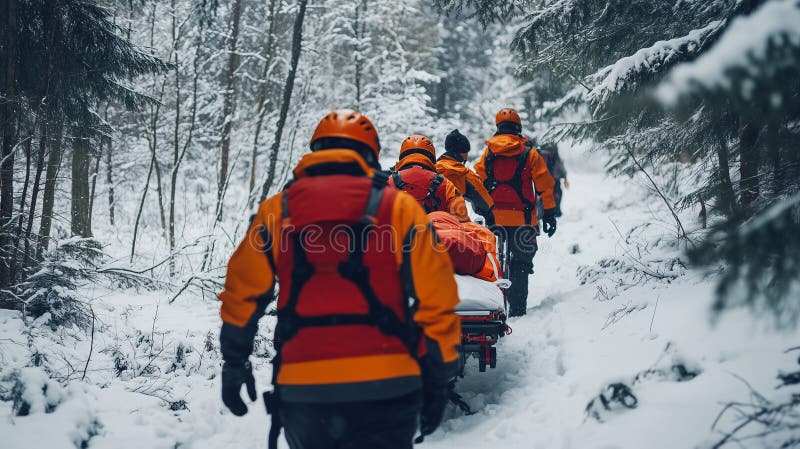 Члены спасательной команды в оранжевом и черном обмундировании пересекают заснеженный лес бесплатная иллюстрация