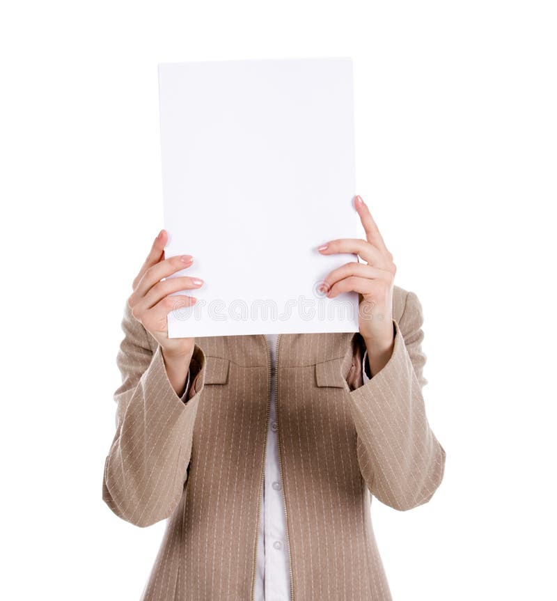 Photo of business laady hiding her face while reading a document. Photo of business laady hiding her face while reading a document