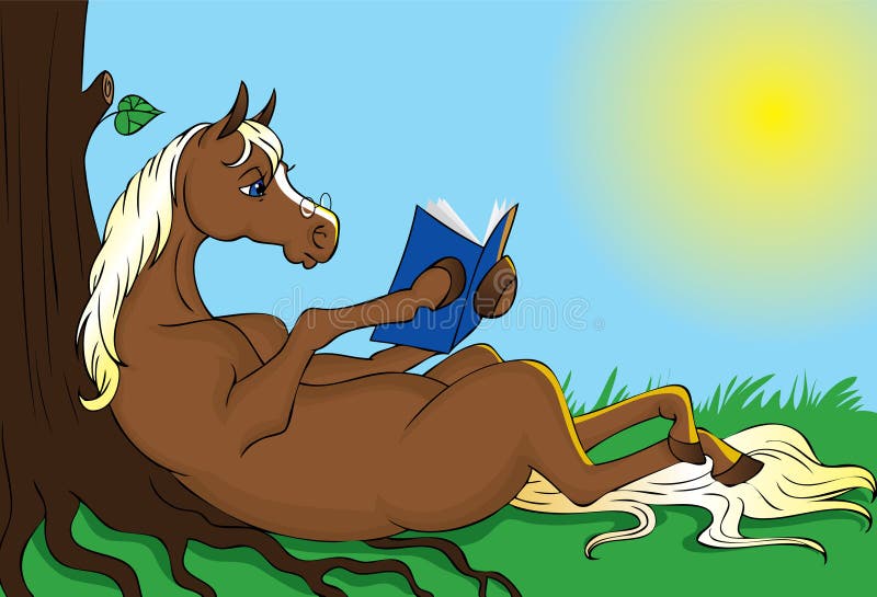 Brown horse with blond mane is relaxing under a tree out in nature and reading a book. Brown horse with blond mane is relaxing under a tree out in nature and reading a book.