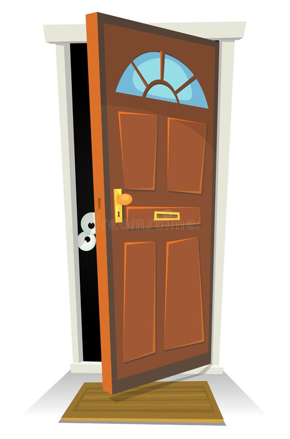 Illustration of a cartoon human character or creature hiding behind red door opened. Illustration of a cartoon human character or creature hiding behind red door opened
