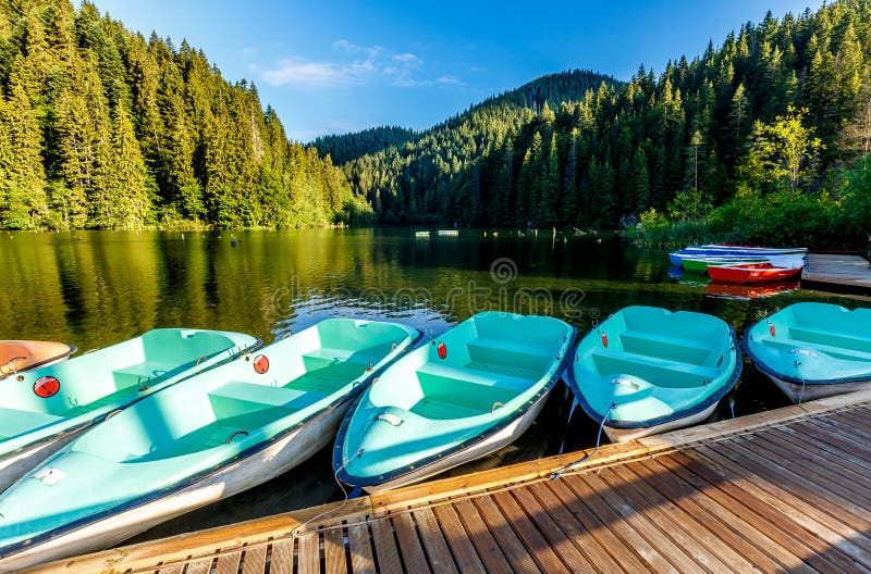 Чудесное утро лета величественное озеро Lacul Rosu горы красное озеро или озеро убийц положение Evropa Восточное прикарпатское ro стоковая фотография Чудесное утро лета величественное озеро Lacul Rosu горы красное озеро или озеро убийц положение Evropa Восточное прикарпатское ro стоковая фотография