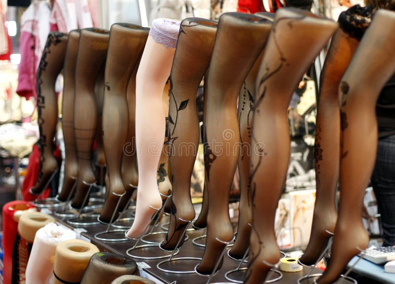 Stockings on legs in shop display. Stockings on legs in shop display.