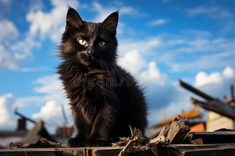 чёрная кошка, сидящая на груде дерева бесплатная иллюстрация
