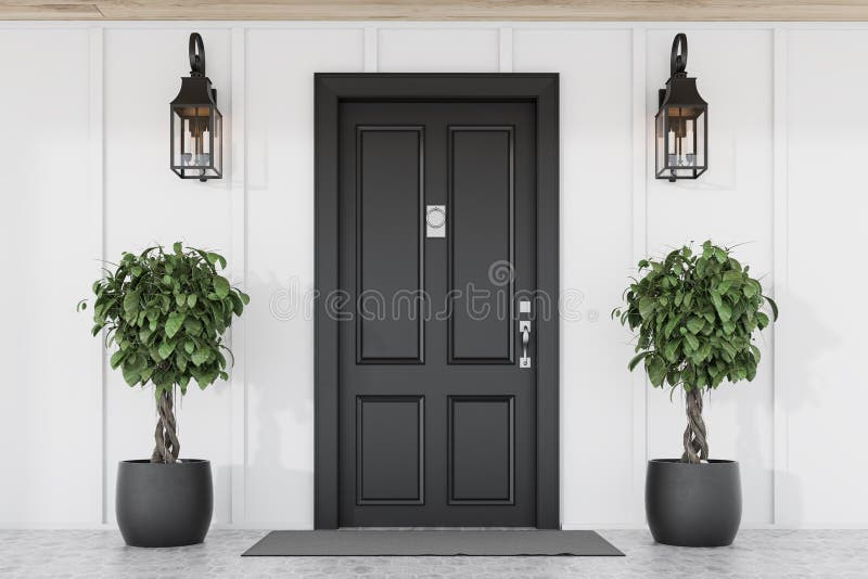 Stylish black front door of modern house with white walls, door mat, two trees in pots and lamps. 3d rendering. Stylish black front door of modern house with white walls, door mat, two trees in pots and lamps. 3d rendering