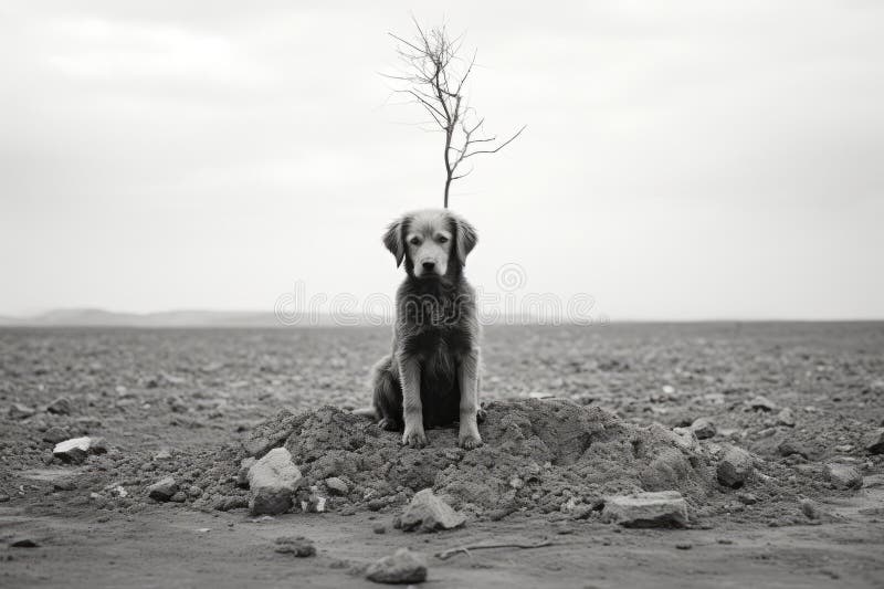 чёрно-белая фотография собаки, сидящей на дереве иллюстрация вектора
