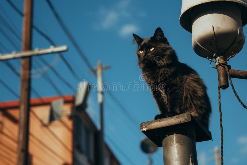 чёрный кот сидит на шесте. чёрная кошка, сидящая на вершине полюса