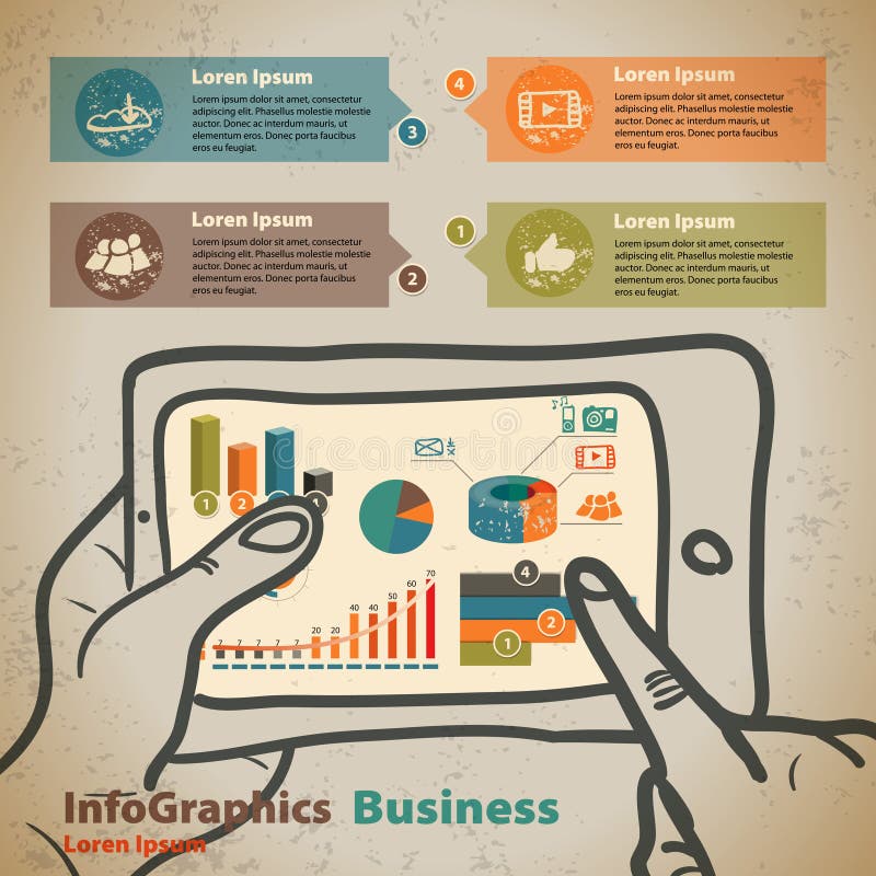 Шаблон для infographic с руками с таблеткой в винтажном стиле иллюстрация штока