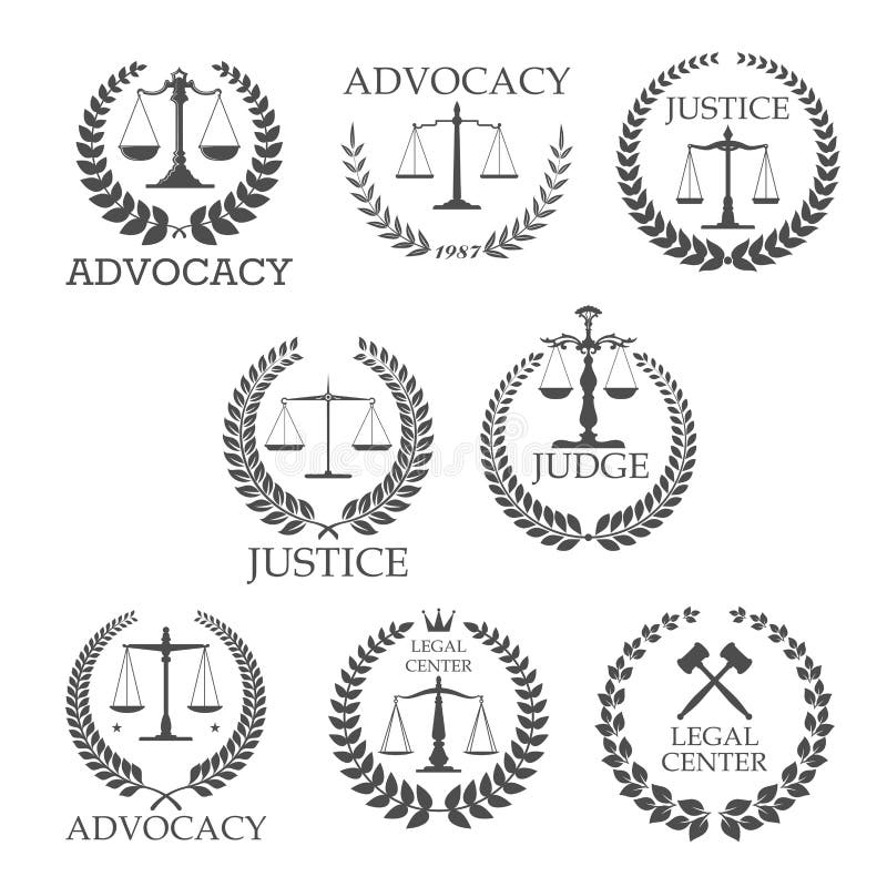 Legal protection and lawyer services design templates with crossed judge gavels and scales of justice, framed by laurel wreaths and text Advocacy, Justice, Judge, Legal Center. Legal protection and lawyer services design templates with crossed judge gavels and scales of justice, framed by laurel wreaths and text Advocacy, Justice, Judge, Legal Center