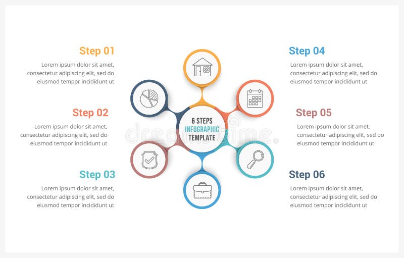 Circle infographics template with six elements, can be used as process diagram, steps, options. Circle infographics template with six elements, can be used as process diagram, steps, options