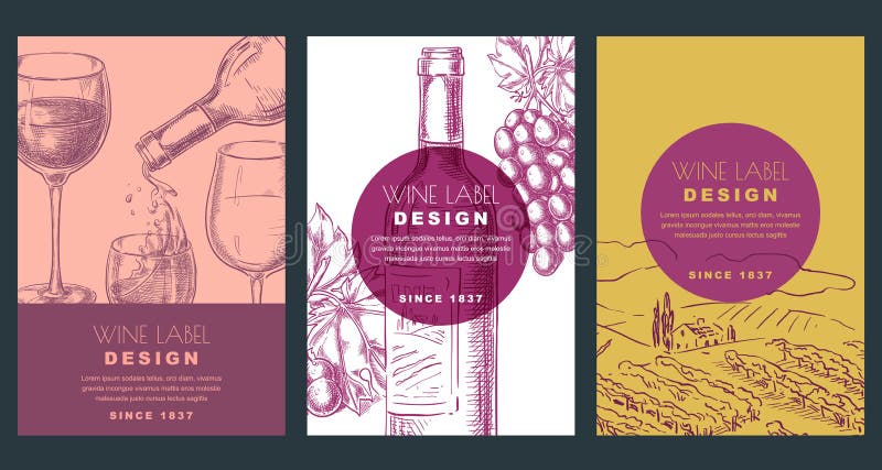 Wine label design template. Sketch vector illustration of bottle, glass, grapes and vineyard field. Backgrounds set. Wine label design template. Sketch vector illustration of bottle, glass, grapes and vineyard field. Backgrounds set.