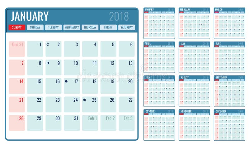 Шаблон календаря вектора ежемесячный 2018 год иллюстрация вектора Шаблон календаря вектора ежемесячный 2018 год иллюстрация вектора