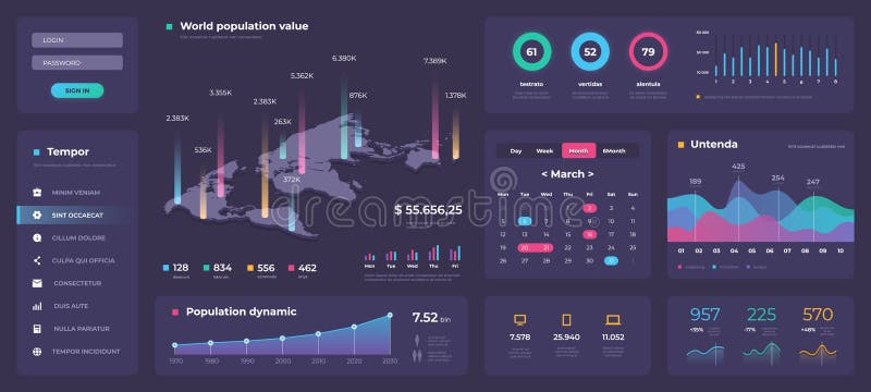 Шаблон приборной панели Infographic Белое современное приложение UI сети с диаграммами вокруг баров и диаграмм Дизайн панели admi иллюстрация штока Шаблон приборной панели Infographic Белое современное приложение UI сети с диаграммами вокруг баров и диаграмм Дизайн панели admi иллюстрация штока
