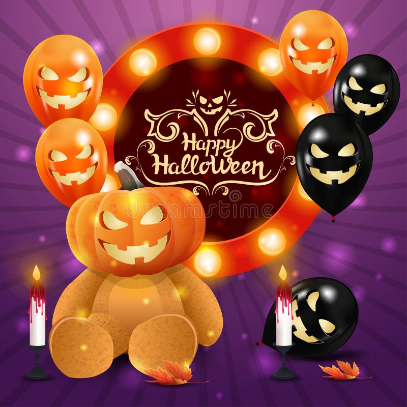 Шаблон счастливого площади хэллоуин фиолетовый с helloween знак круга гирлянды баллонов с плюшевым мишкой и поздравления иллюстрация вектора