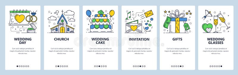 Шаблон экранов линейного искусства вебсайта вектора onboarding Церемония дня свадьбы, карты приглашения, свадебный пирог, церковь иллюстрация вектора