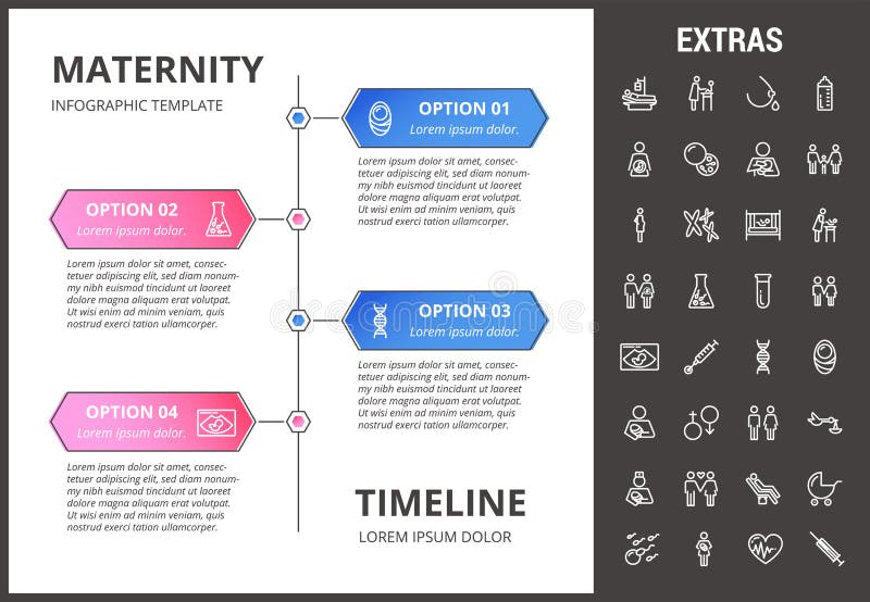 Maternity timeline infographic template, elements and icons. Infograph includes options with years, line icon set with pregnant woman, breast feeding, child care, reproductive technologies, baby etc. Maternity timeline infographic template, elements and icons. Infograph includes options with years, line icon set with pregnant woman, breast feeding, child care, reproductive technologies, baby etc.