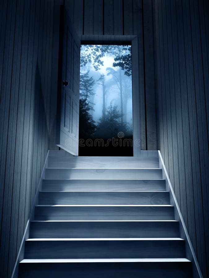 Steps leading from a dark basement to open the door. 3d render. Steps leading from a dark basement to open the door. 3d render