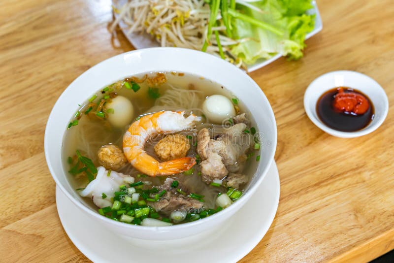 Bowl of tasty shrimp and pork broth noodle- Vietnamese cuisine. Bowl of tasty shrimp and pork broth noodle- Vietnamese cuisine