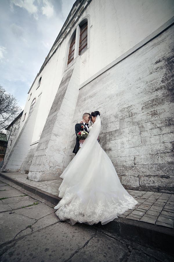 Шикарная невеста брюнет обнимая groom и представляя около старого замка стоковые изображения Шикарная невеста брюнет обнимая groom и представляя около старого замка стоковые изображения