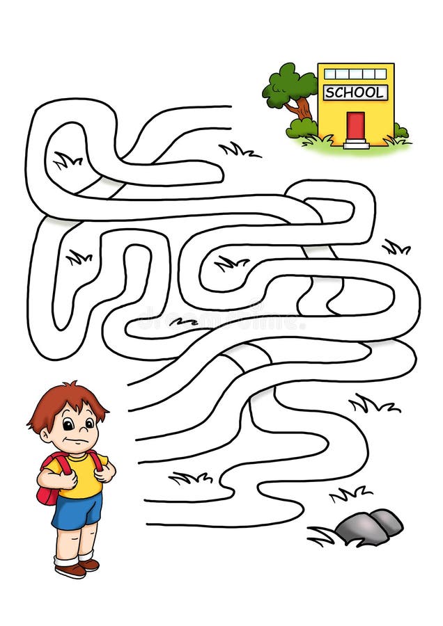 Digital illustration of a game for children. the pupil has to find the correct road to arrive to school. Digital illustration of a game for children. the pupil has to find the correct road to arrive to school