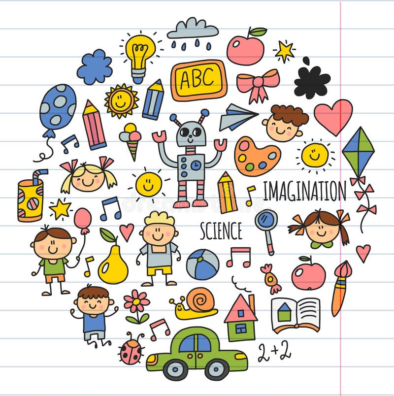 Школа, детский сад Счастливые дети Творческие способности, значки doodle воображения с детьми Игра, исследование, растет счастлив иллюстрация вектора Школа, детский сад Счастливые дети Творческие способности, значки doodle воображения с детьми Игра, исследование, растет счастлив иллюстрация вектора