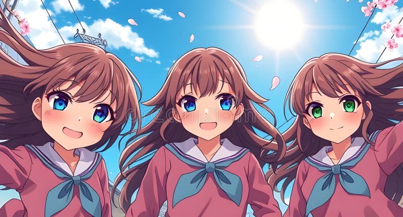 Школьницы AIGenerated Anime прыгают с радостью под блоссом вишни стоковая фотография