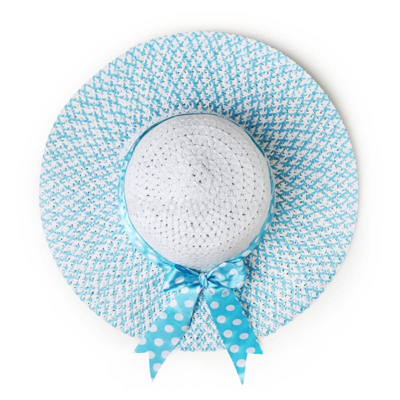 Top view summer beach round straw blue hat with azure spotted bow ribbon isolated on white background. Top view summer beach round straw blue hat with azure spotted bow ribbon isolated on white background