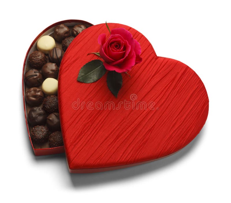 Red Heart Box of Chocolates with Rose Isolated on White Background. Red Heart Box of Chocolates with Rose Isolated on White Background.