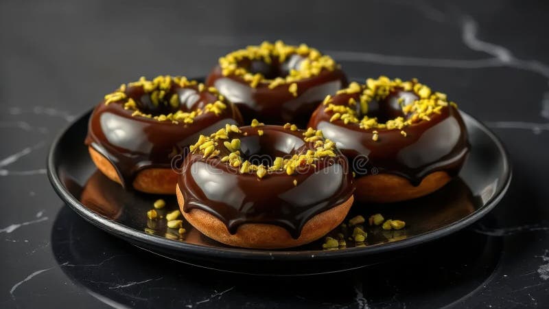 Шоколадные глазированные пончики с фисташковой начинкой на черной мраморной пластине иллюстрация вектора