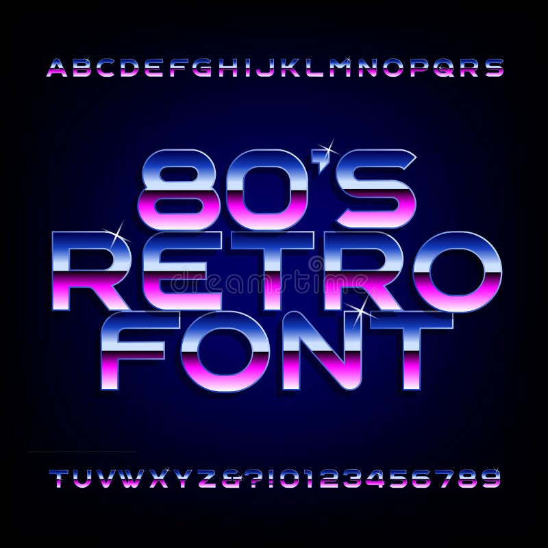 шрифт алфавита 80's ретро Письма и номера металлического влияния сияющие иллюстрация штока шрифт алфавита 80's ретро Письма и номера металлического влияния сияющие иллюстрация штока