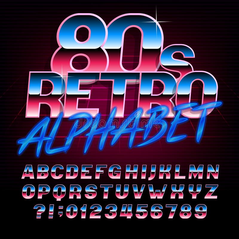 шрифт алфавита 80 ` s ретро Тип письма и номера металлического влияния яркий иллюстрация вектора шрифт алфавита 80 ` s ретро Тип письма и номера металлического влияния яркий иллюстрация вектора