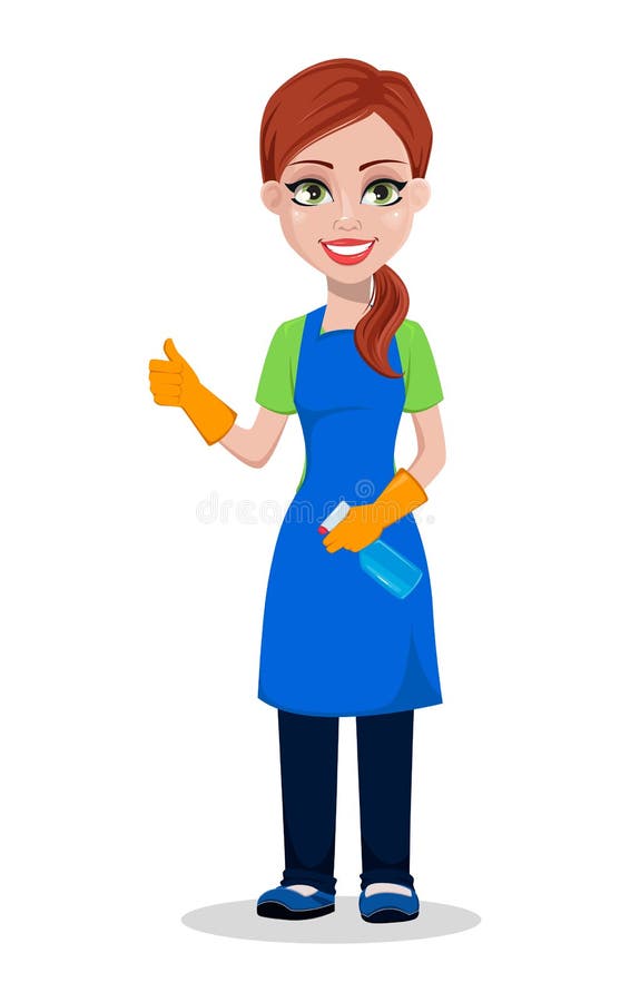 Cleaning company staff in uniform. Woman cartoon character cleaner with thumb up gesture and sprayer. Vector illustration on white background. Cleaning company staff in uniform. Woman cartoon character cleaner with thumb up gesture and sprayer. Vector illustration on white background