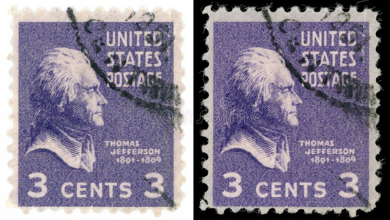 Postmark of third President of the United States Thomas Jefferson (April 13, 1743 – July 4, 1826) isolated on black and white background. Postmark of third President of the United States Thomas Jefferson (April 13, 1743 – July 4, 1826) isolated on black and white background