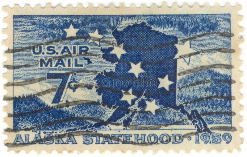 Canceled 7 cent 1959 United States of America Alaska statehood airmail stamp. Canceled 7 cent 1959 United States of America Alaska statehood airmail stamp.