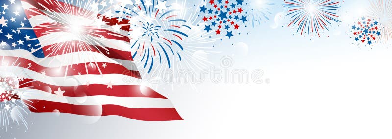 4-ый из США -го дизайна предпосылки знамени Дня независимости в июле американского флага с фейерверками