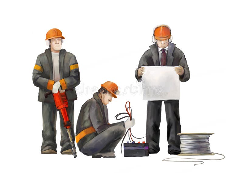 Электрик, руководитель проекта, wBuilders молотка jack работая на иллюстрации строительств бесплатная иллюстрация Электрик, руководитель проекта, wBuilders молотка jack работая на иллюстрации строительств бесплатная иллюстрация
