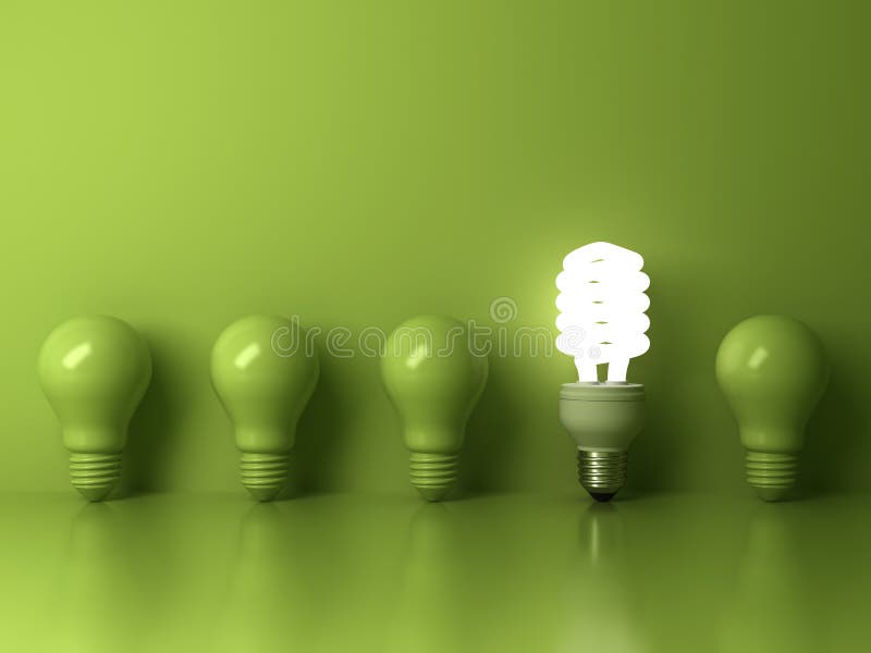 Электрическая лампочка Eco энергосберегающая, одна накаляя компактная дневная лампочка стоя вне от unlit отражения лампочек накал бесплатная иллюстрация Электрическая лампочка Eco энергосберегающая, одна накаляя компактная дневная лампочка стоя вне от unlit отражения лампочек накал бесплатная иллюстрация