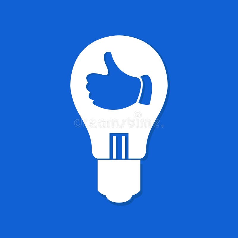 Flat bulb icon on blue background. Thumb up gesture inside. Flat bulb icon on blue background. Thumb up gesture inside.