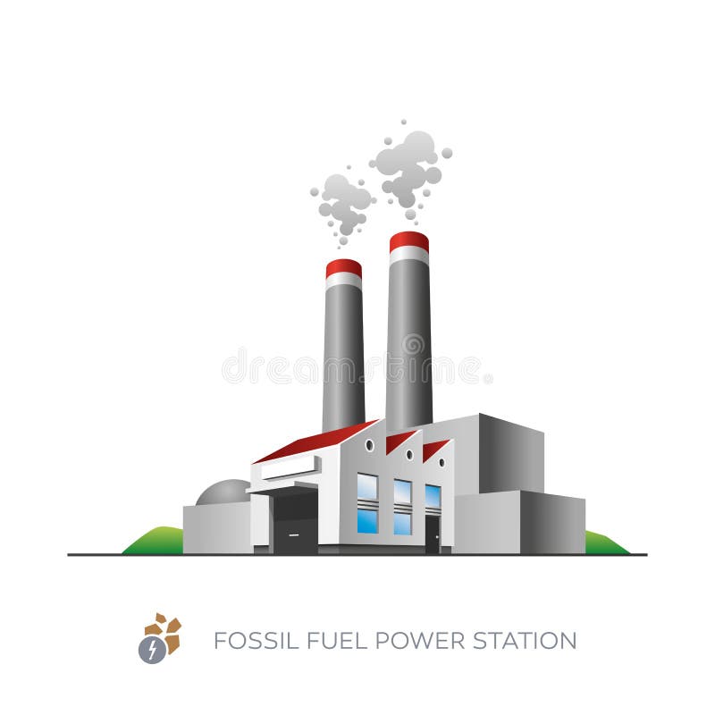 Isolated fossil fuel power station on white background in cartoon style. Isolated fossil fuel power station on white background in cartoon style