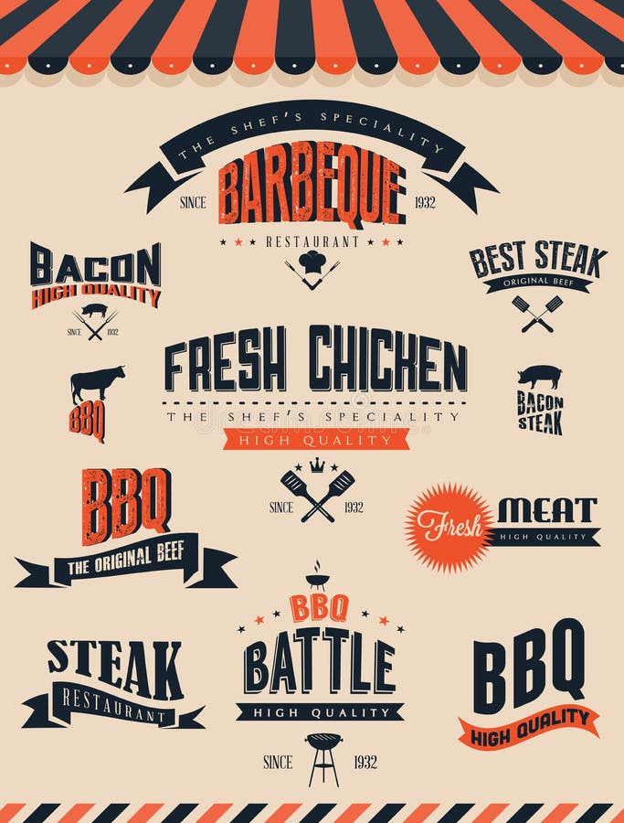 Элементы и ярлыки гриля BBQ иллюстрация вектора Элементы и ярлыки гриля BBQ иллюстрация вектора